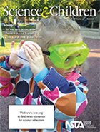 Cover of journal, Science and Children, shows child using science tools--goggles and a homemade musical instrument.